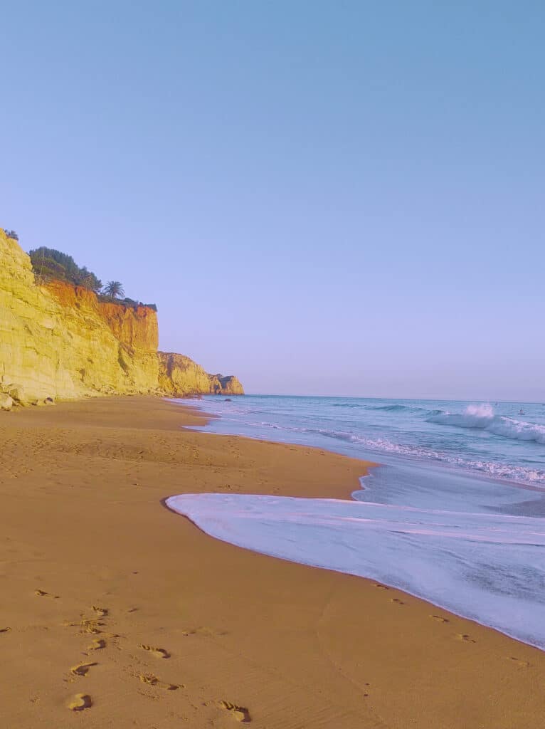 Praia de areia com ondas suaves sob um céu azul, rodeada por falésias rochosas e vegetação dispersa.