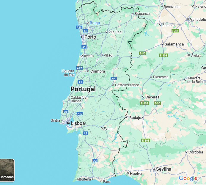 Mapa de Portugal a destacar as principais cidades, incluindo Lisboa, Porto e Coimbra.